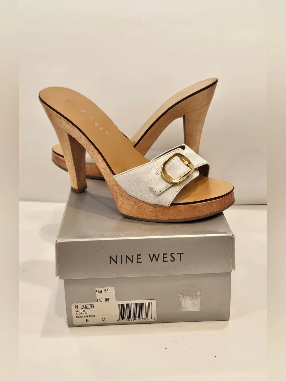 Y2K Nine West Vintage White Leather Wooden Platform Heels 6